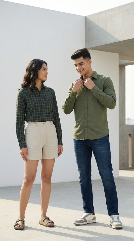 Old Money Olive Linen & Green Small‑Grid Checks Couple Set