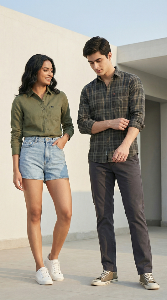 Grey‑Black Checkmate Shirt & Old Money Olive Linen Couple Set