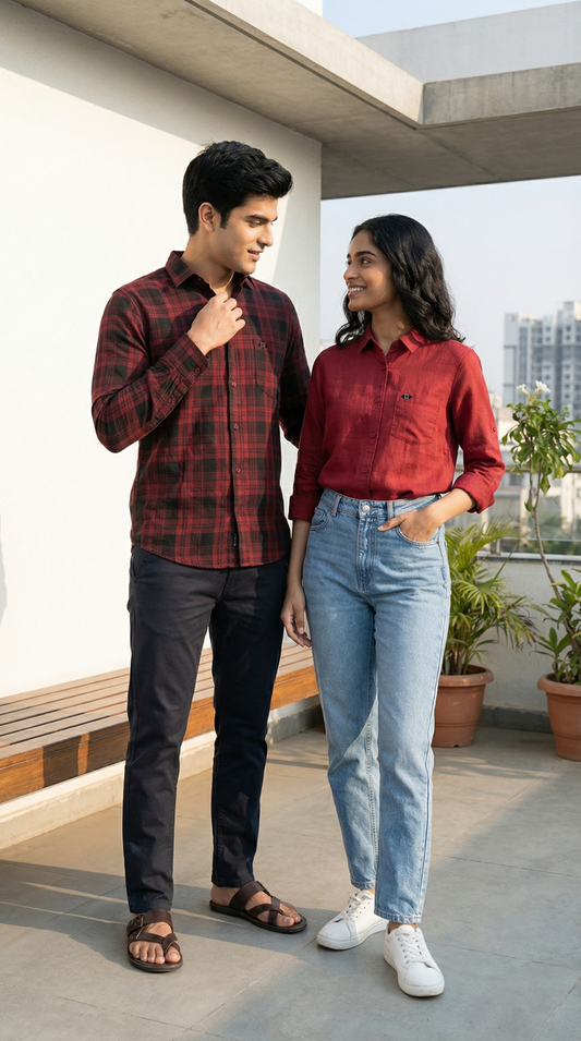 Red‑Black Checkmate Shirt & Aged Wine Linen Couple Set