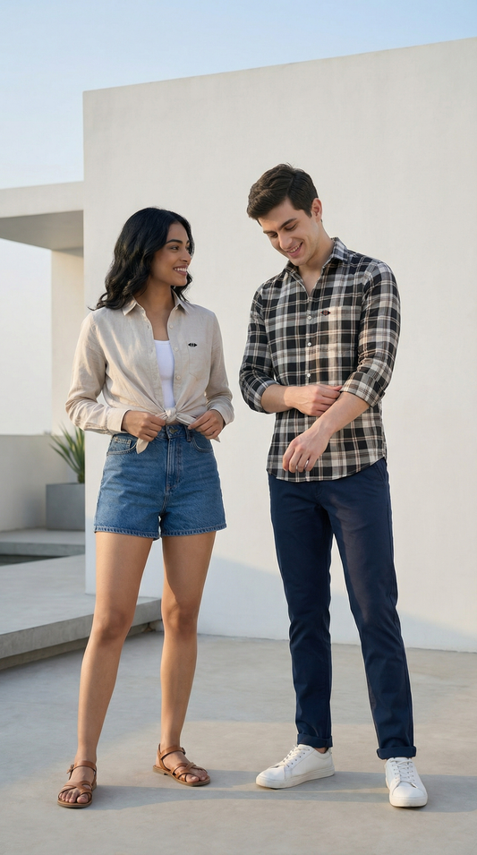 White‑Black Weekend Checks & Ash Grey Linen Couple Set