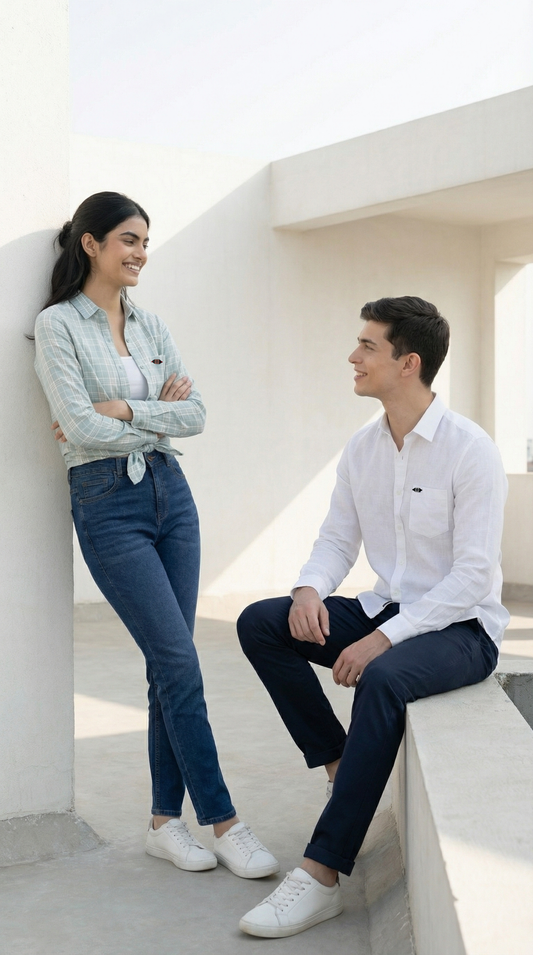 Ivory White Linen & Light Blue Computer Checks Couple Set