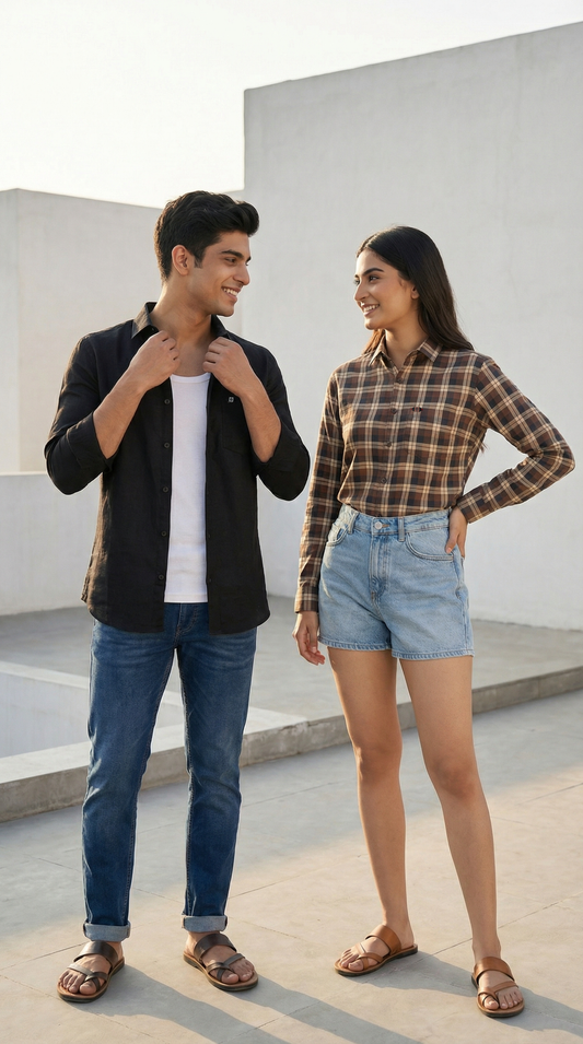 Onyx Black Linen & Maroon Heritage Checks Couple Set