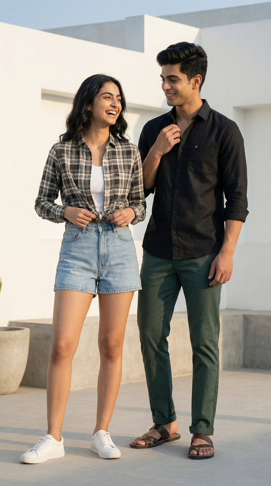 Onyx Black Linen & Black‑White Checkmate Couple Set