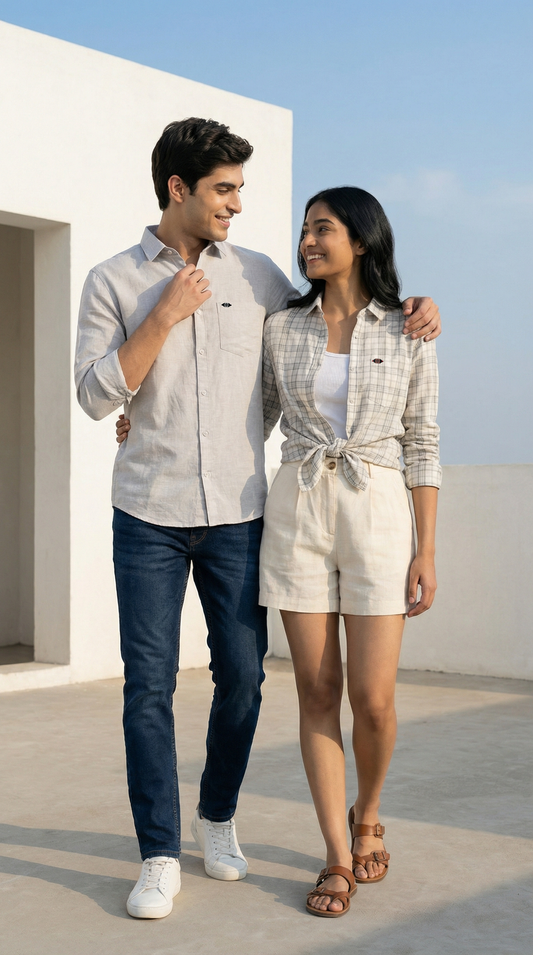 Ash Grey Linen & Black‑White Computer Checks Couple Set