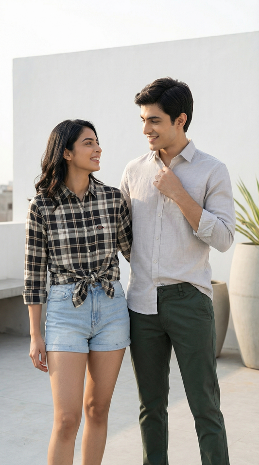 Ash Grey Linen & White‑Black Weekend Checks Couple Set