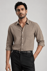 Men's Solid Linen Shirt in Chocolate Brown