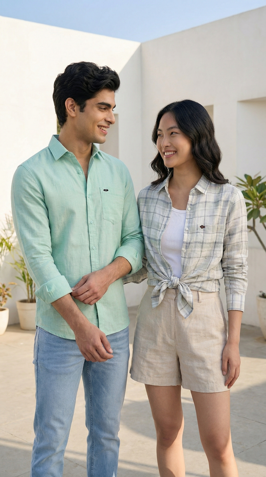 Pastel Green Linen & Green Grid Checks Couple Set