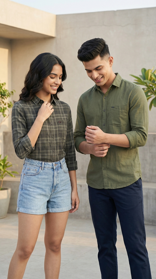 Old Money Olive Linen & Grey‑Black Checkmate Couple Set