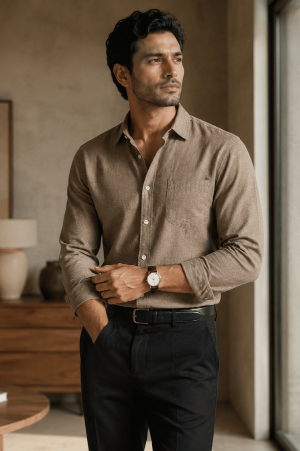 Men's Solid Linen Shirt in Chocolate Brown