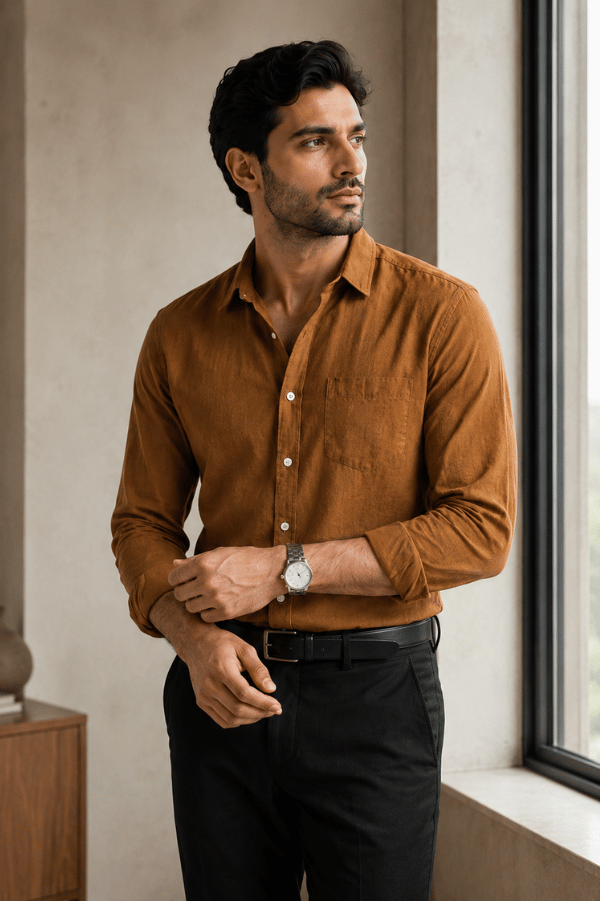 Men's Solid Camel Linen Shirt