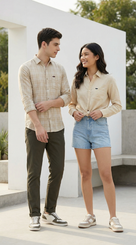 Golden Computer Checks & Desert Sand Linen Couple Set