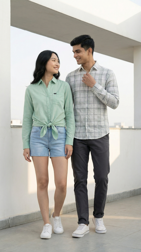 Greenish Grid Checks & Pastel Green Linen Couple Set