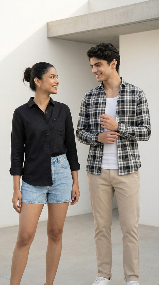 Black & White Checkmate Shirt & Onyx Black Linen Couple Set