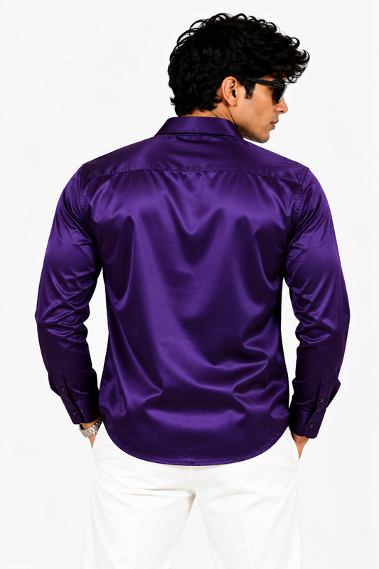 Men’s Premium Satin Shirt & Relaxed Fit Pant Set – Royal Purple