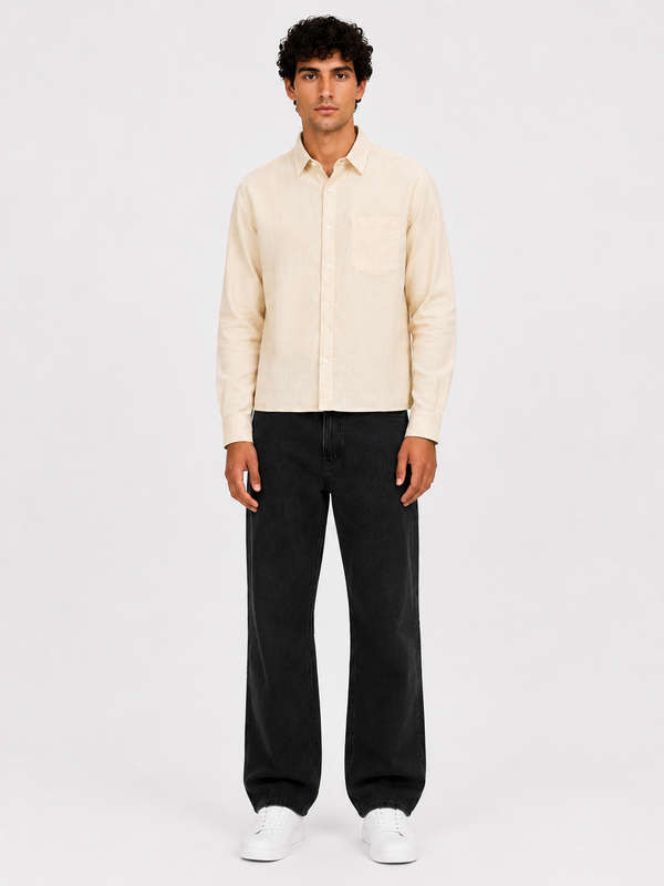 Men's Solid Straight Fit Butter Yellow Shade Linen Shirt