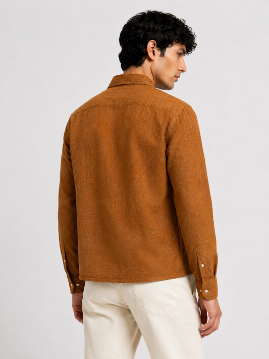 Men's Solid Straight Fit Camel Shade Linen Shirt