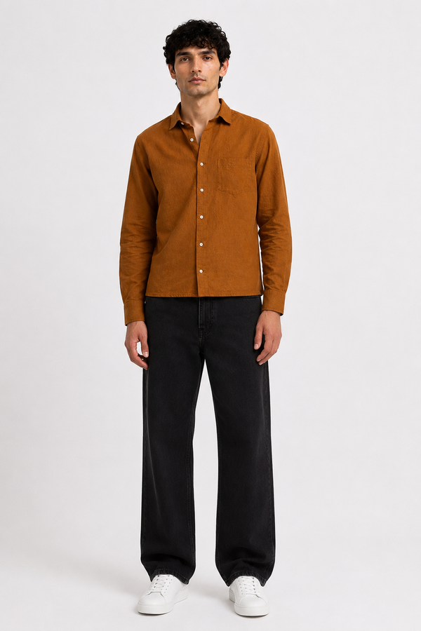Men's Solid Straight Fit Camel Shade Linen Shirt