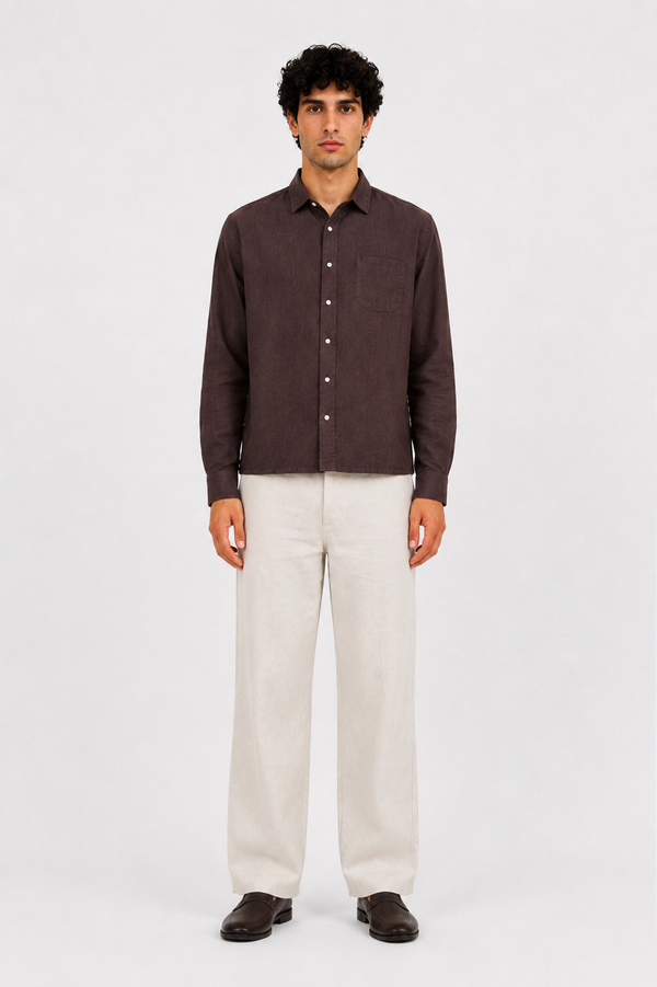 Men's Solid Straight Fit Dark Chocolate Shade Linen Shirt