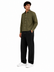 Men's Solid Straight Fit Olive Green Linen Shirt