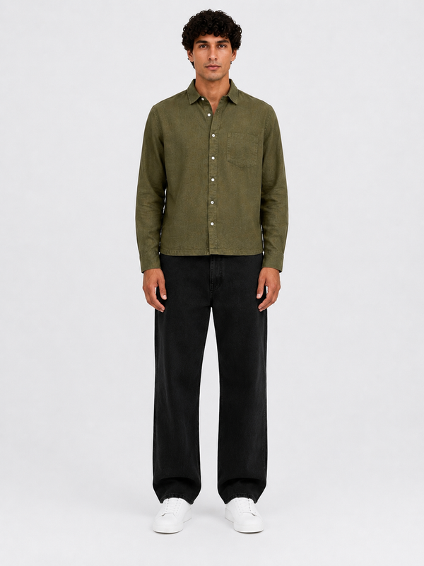 Men's Solid Straight Fit Olive Green Linen Shirt