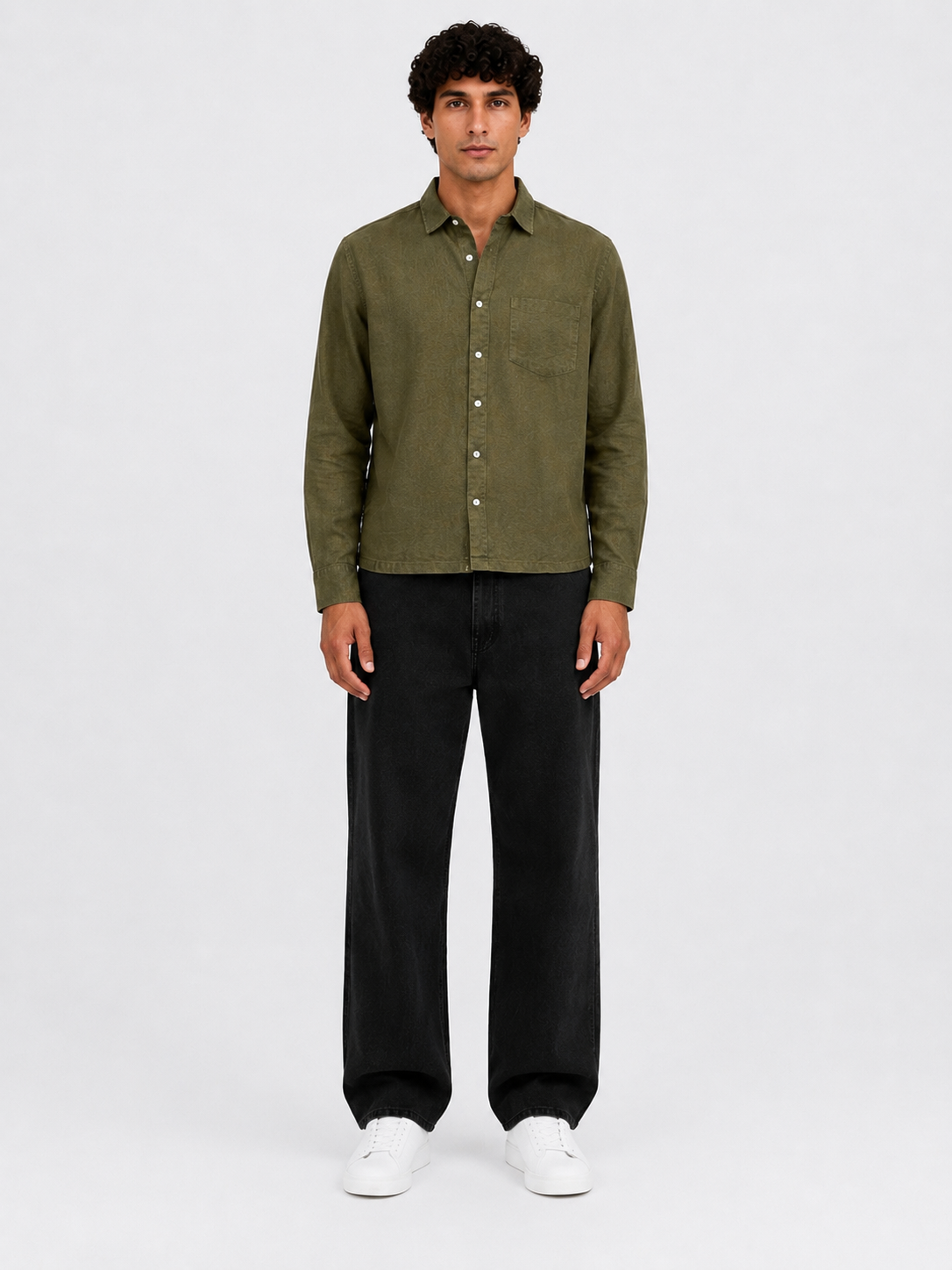 Men's Solid Straight Fit Olive Green Linen Shirt
