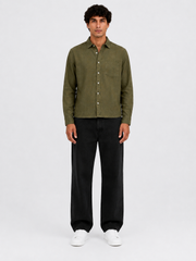 Men's Solid Straight Fit Olive Green Linen Shirt