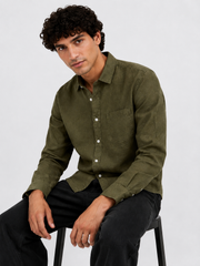 Men's Solid Straight Fit Olive Green Linen Shirt