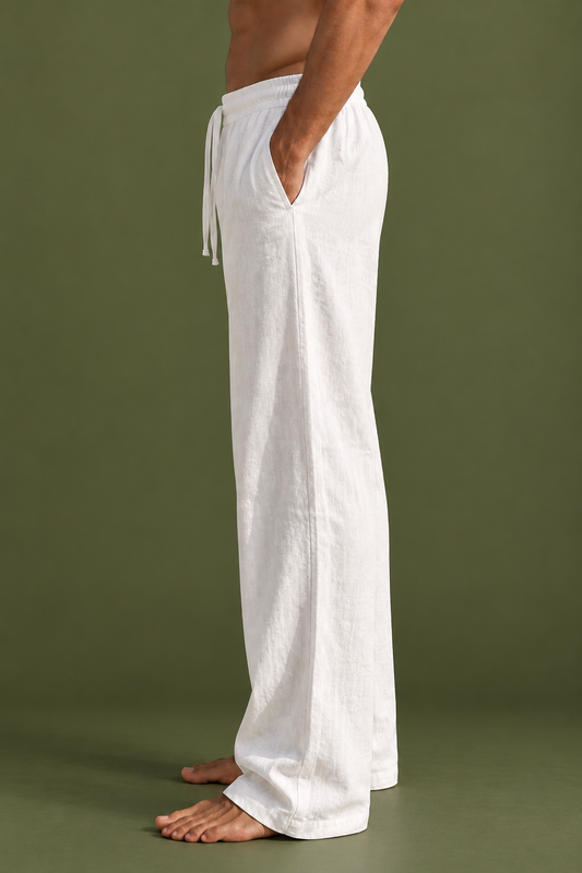 White Linen  Blend Wide-Leg Trousers – Relaxed Fit