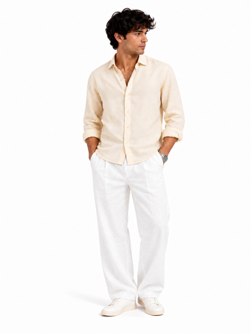 Men’s Premium Linen Shirt & Relaxed Fit Pant Set – Ivory White