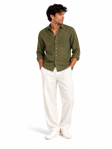 Men’s Premium Linen Shirt & Relaxed Fit Pant Set – Olive Green