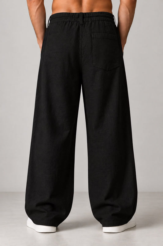 Black Linen Blend Wide-Leg Trousers – Relaxed Fit