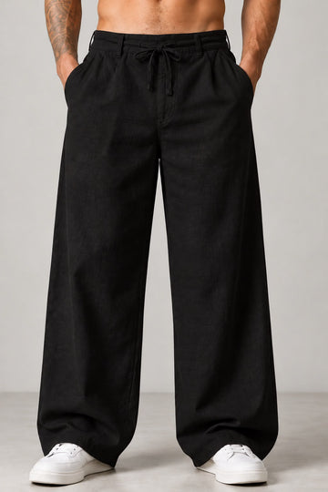 Black Linen Blend Wide-Leg Trousers – Relaxed Fit